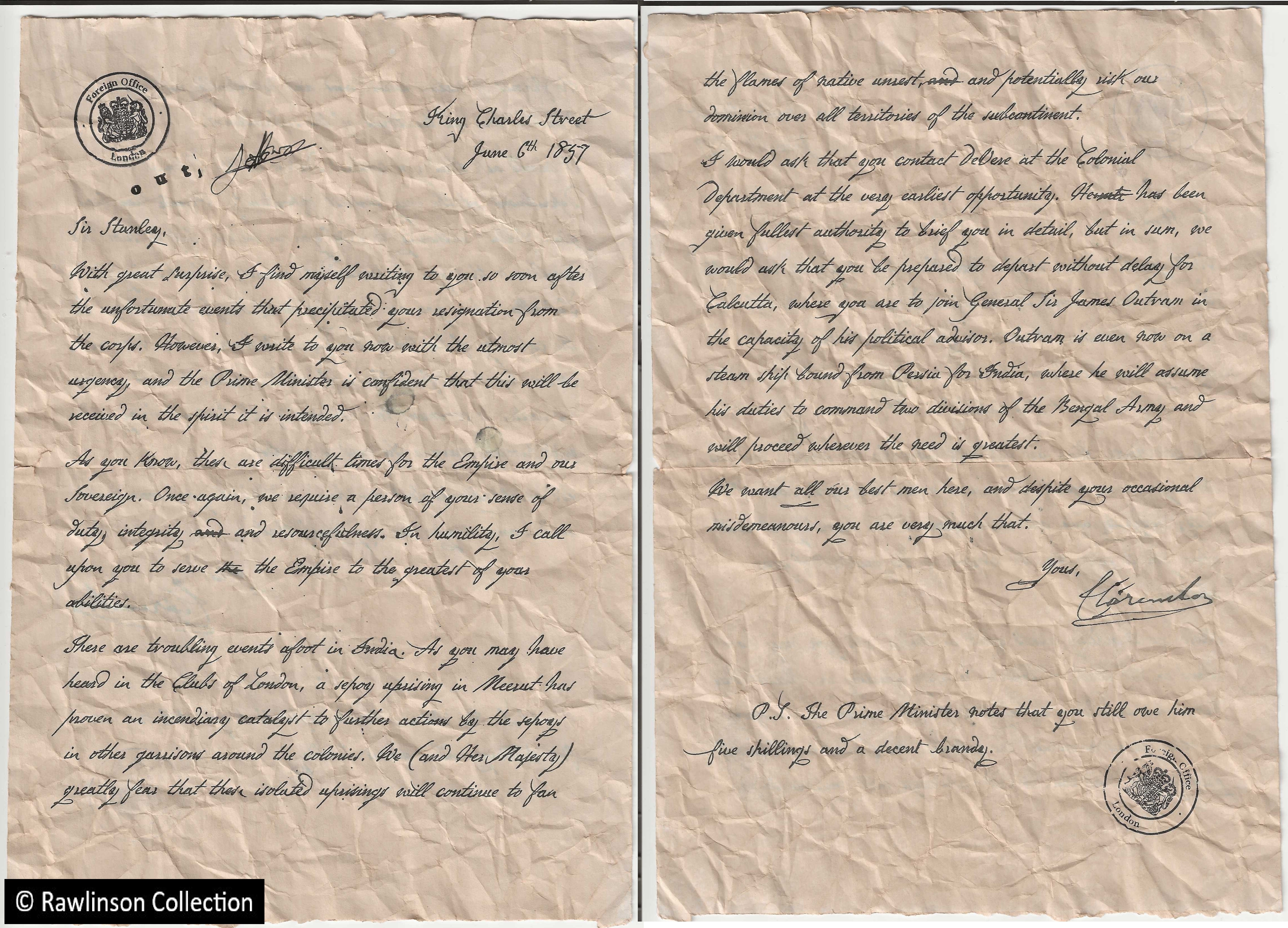 Letter from Clarendon on India, 1857